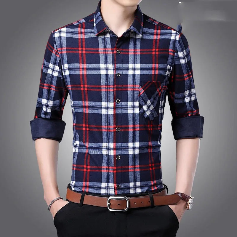 Spring Autumn Men's Turn-down Collar Plaid Stripe