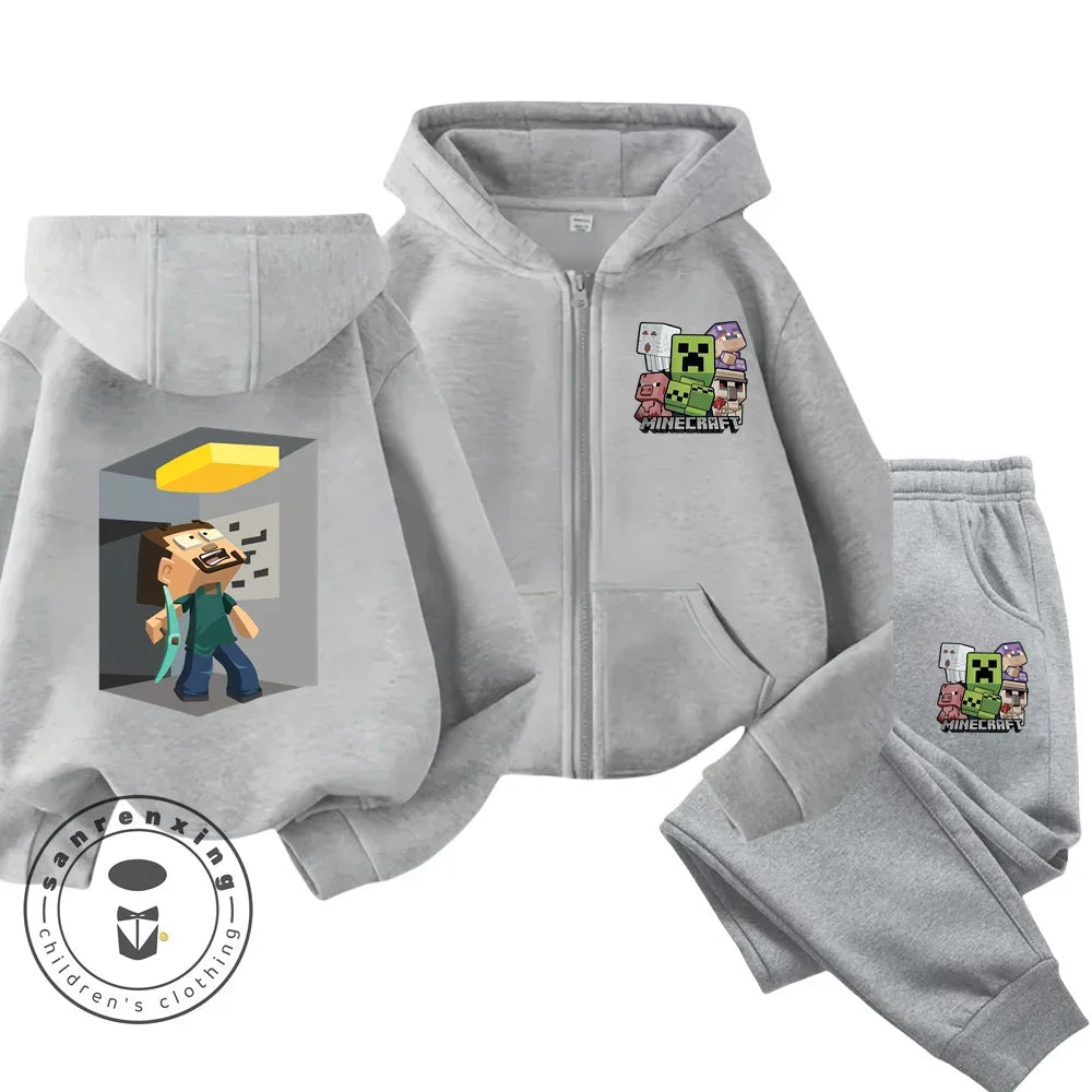 Minecraft Anime Printed Boys and Girls Hoodies Hoodies Zipper Set Casual Sports Fashion Top Pants 3-14 Years Old