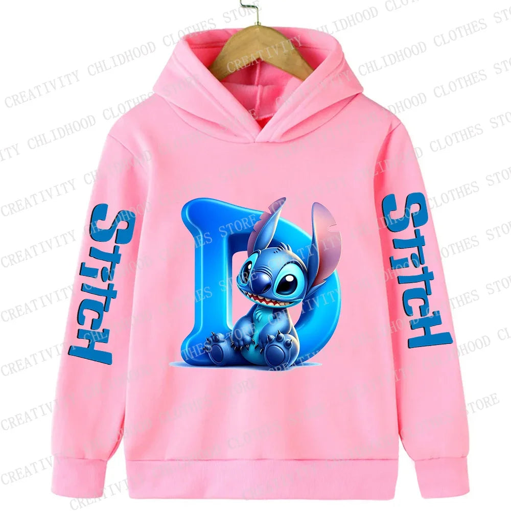 Stitch Children Hoodies 26 English Letters ABCD Kids Winter Pullover Casual Clothes Kid Girl Boy Cartoon Kawaii Tops Sweatshirts