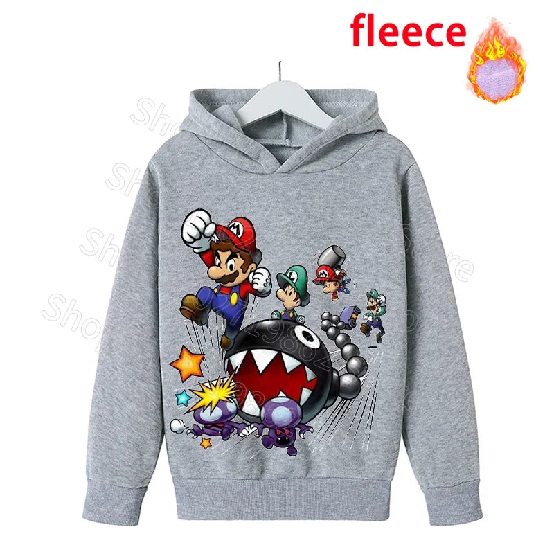 Super Mario Bros Kids Clothes Princess Peach Luigi Fleece Sweatshirts Cartoon Game Character Pattern Long Sleeves Baby Show Gift