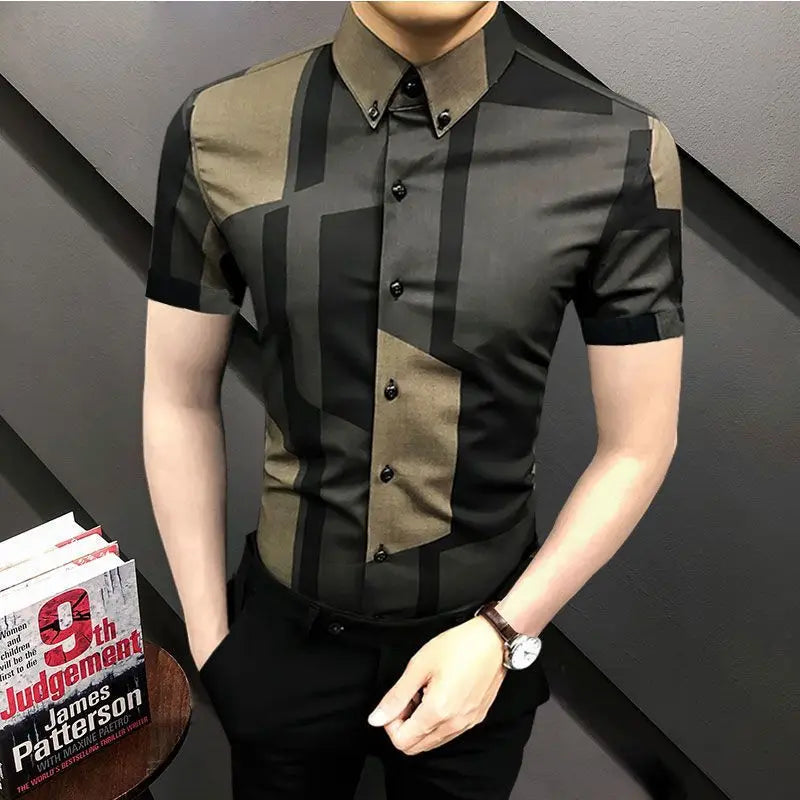 Fashion Lapel Short Sleeve Printed Plaid Shirt Men's Clothing 2023