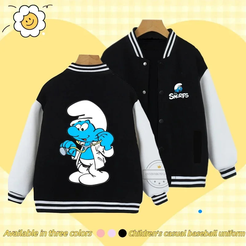 Smurfs Anime Men and Women's Casual Fashion Sports Baseball Jacket Cardigan Sweatshirt Jacket 3-14 Years Old Autumn