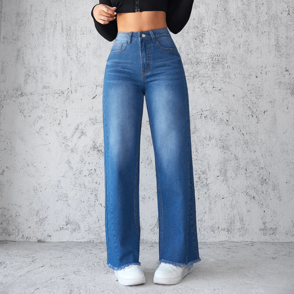 Washed Distressed Denim Straight Pants Vintage Women Jean Pockets High Waist Loose Fit Ankle Length Wide Leg Pants Basics