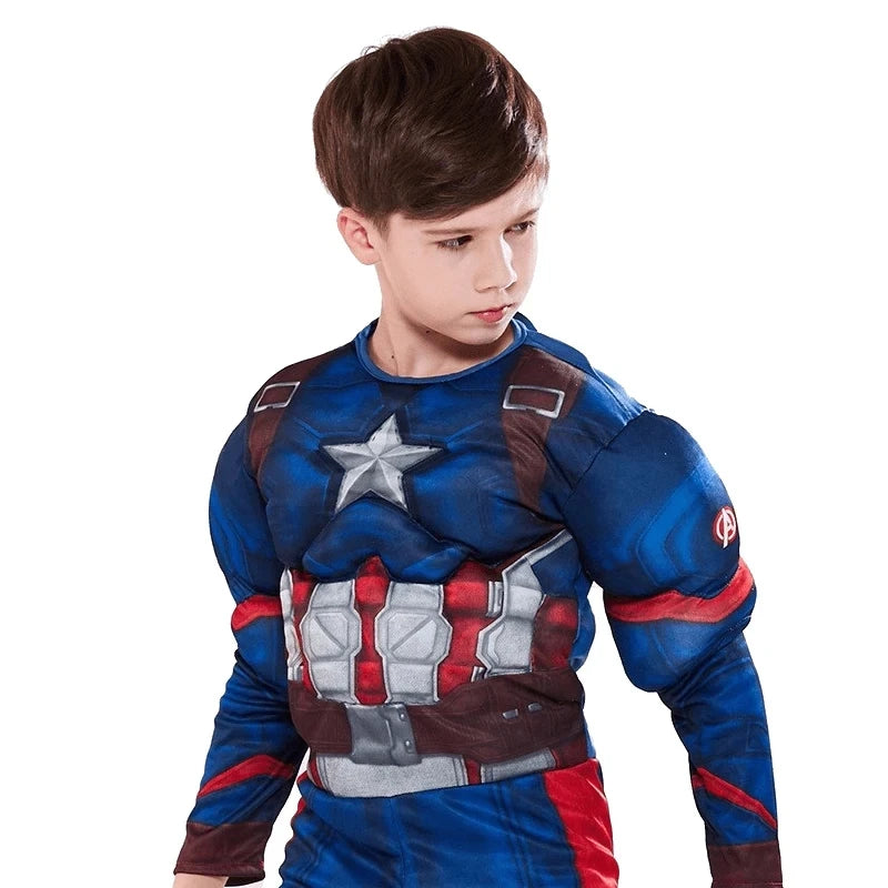 Superhero Spider Man Captain America Iron Man Thor Hulk Cosplay Costume Muscle Bodysuit Jumpsuit for Kids Halloween Party