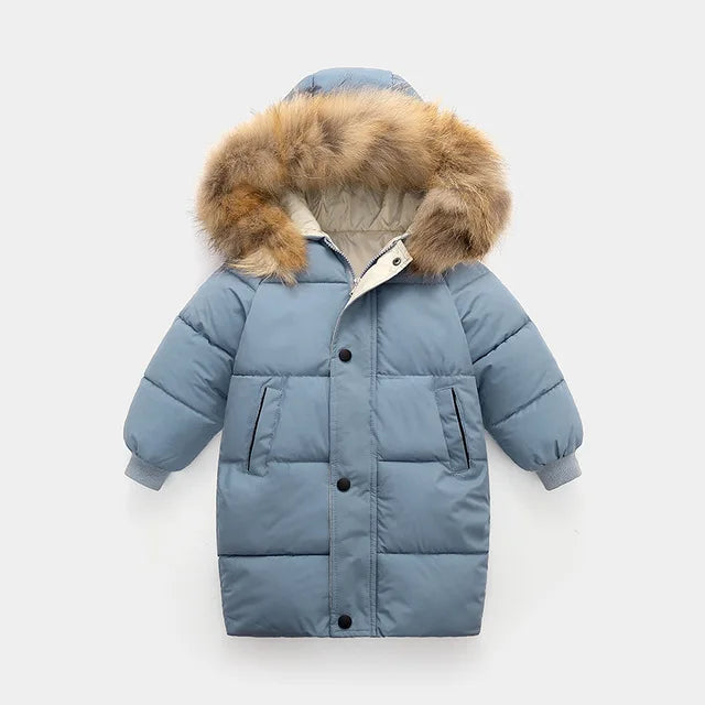 Kids Thicken Warm Down Coat Boys Winter Real Fur Hooded Long Parkas Girls Cotton Down Jackets Outerwears Teen Children Clothing