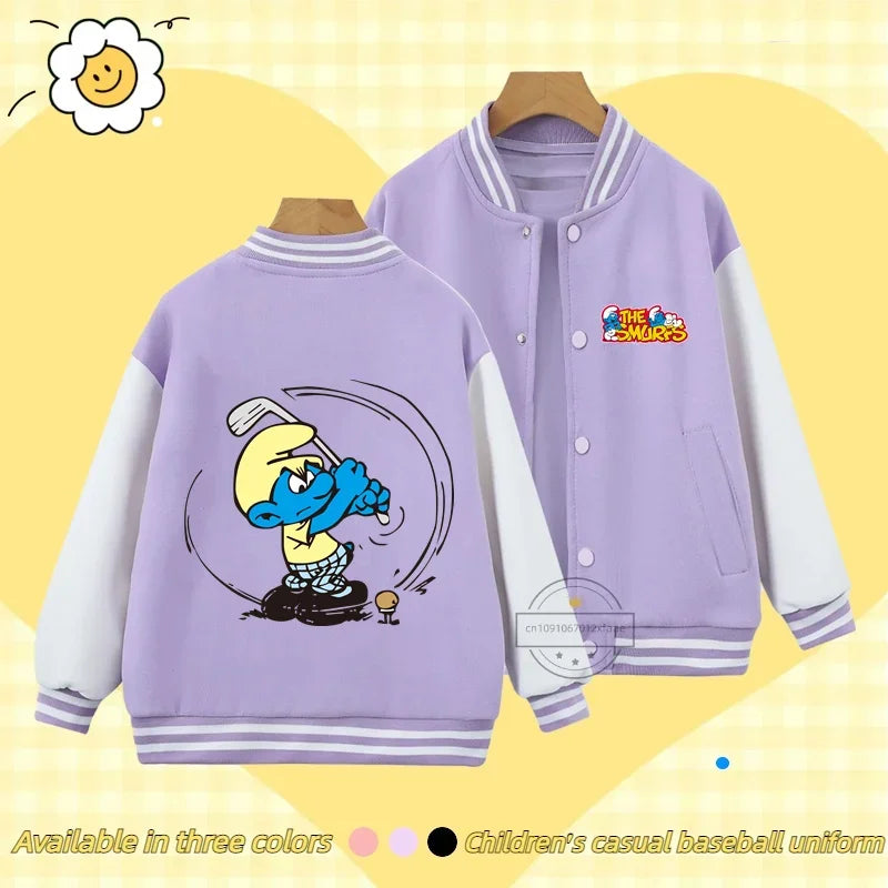 Smurfs Anime Men and Women's Casual Fashion Sports Baseball Jacket Cardigan Sweatshirt Jacket 3-14 Years Old Autumn