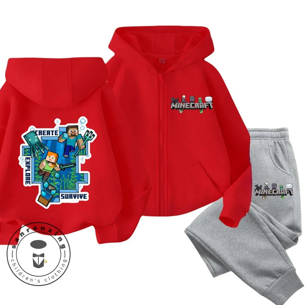 Cartoon Printed Minecraft Boy Zipper Hoodie Set Casual Sports Shirt Quality Comfortable Girl Clothing Autumn/Winter New Hoodies