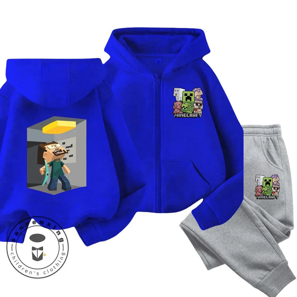 Minecraft Anime Printed Boys and Girls Hoodies Hoodies Zipper Set Casual Sports Fashion Top Pants 3-14 Years Old