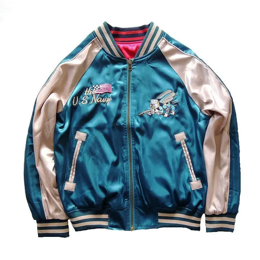 Harajuku Lovers Couples Bees Embroidery Reversible Jacket Faux Silk Baseball Satin Bomber Jacket Spring Double-sided Streetwear