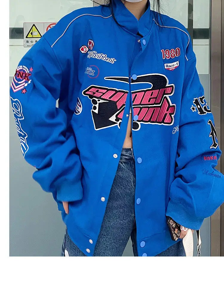 Button embroidery stitching racing suit ins tide brand baseball uniform retro fashion blue jacket jacket couple sportswear hot