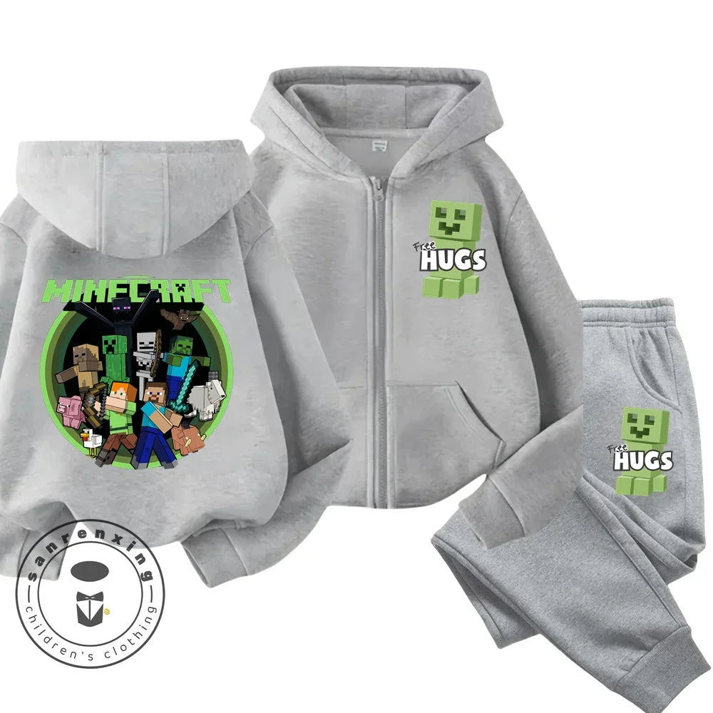 New Disney Minecraft Printed Pattern Children's Zipper Hoodie Set Cute Girls' and Boys' Casual Sports Hoodie Set Campus Style