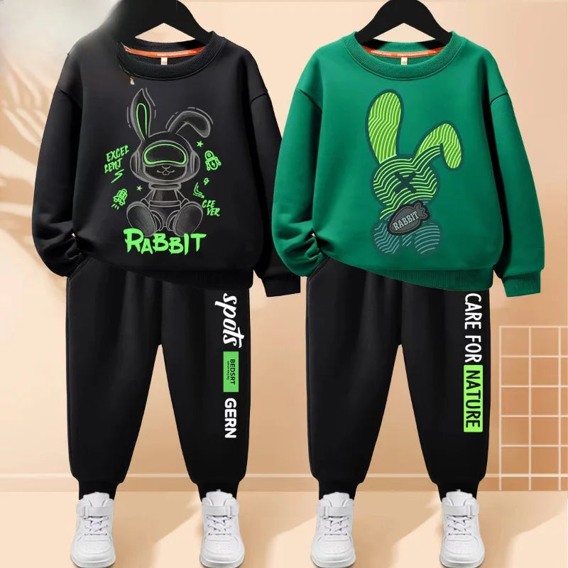 Autumn Children Boy Clothes Set Kid Girls Cartoon Rabbit Printed Sweatshirts Pullover Top And Pants 2 Pieces Suit Tracksuits