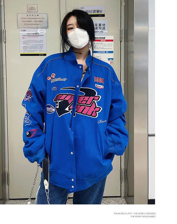 Button embroidery stitching racing suit ins tide brand baseball uniform retro fashion blue jacket jacket couple sportswear hot