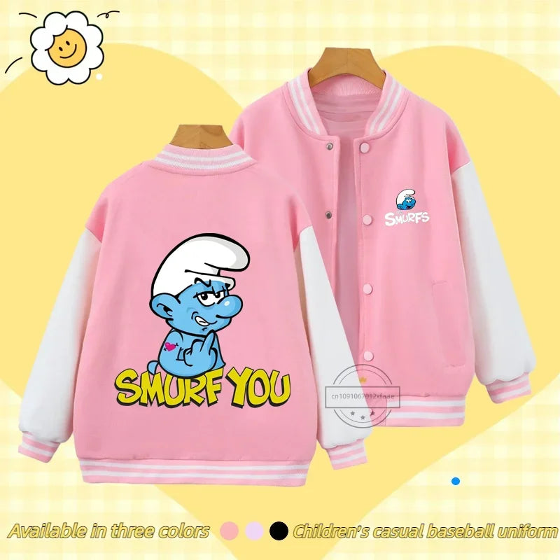 Smurfs Anime Men and Women's Casual Fashion Sports Baseball Jacket Cardigan Sweatshirt Jacket 3-14 Years Old Autumn