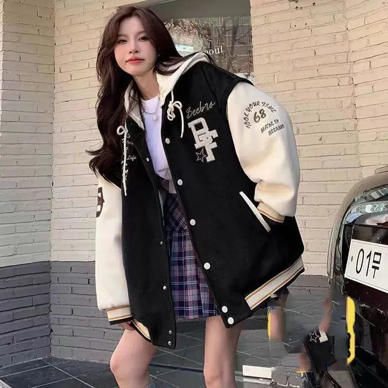 American Retro Preppy Style Baseball Jacket Plush Thick Blazers Women Autumn Winter New Student Harajuku Cardigans Hooded Coat