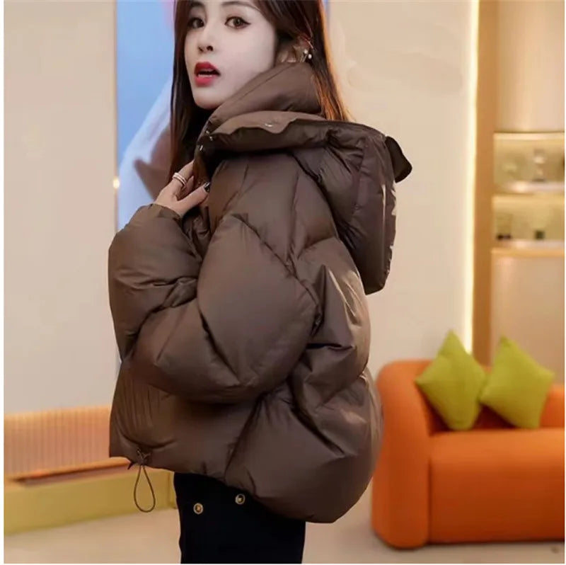 Wear a High-grade Cotton-padded Jacket For Women In Autumn Winter 2024 Solid Color Oxygen Hooded Female Coat With Overcoat