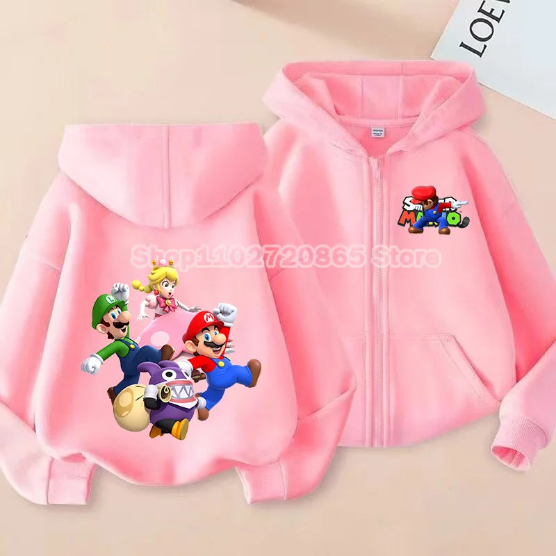 Super Mario Coat Cute Cartoon Game Cardigan Boys Girls Spring Autumn Thin Fashion Harajuku Hooded Zipper Sweatshirt Kids Gift