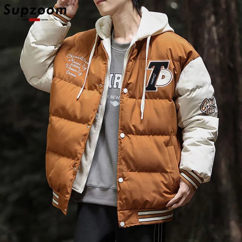 Supzoom New Arrival Casual Embroidery Mens Winter Trendy Fake Two-piece Hooded Bread Suit Couple Cotton-padded Jackets And Coats