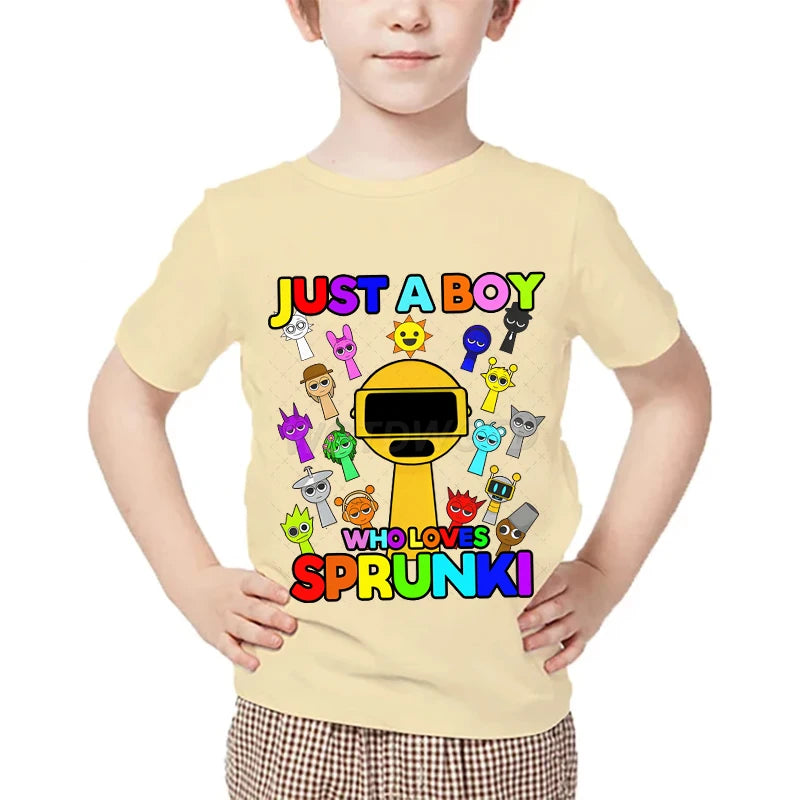 Just A Boy Who Loves Sprunki Kids T-shirt Horror Game Character TShirts Short Sleeve Tops Sprunki Boys Girls Fashion Streetwear