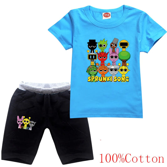 Sprunki Cartoon Clothes Sets New Summer Kids  Game Incredibox T-shirts Shorts Two-piece Set Baby Boys Tracksuit Girls Outfits