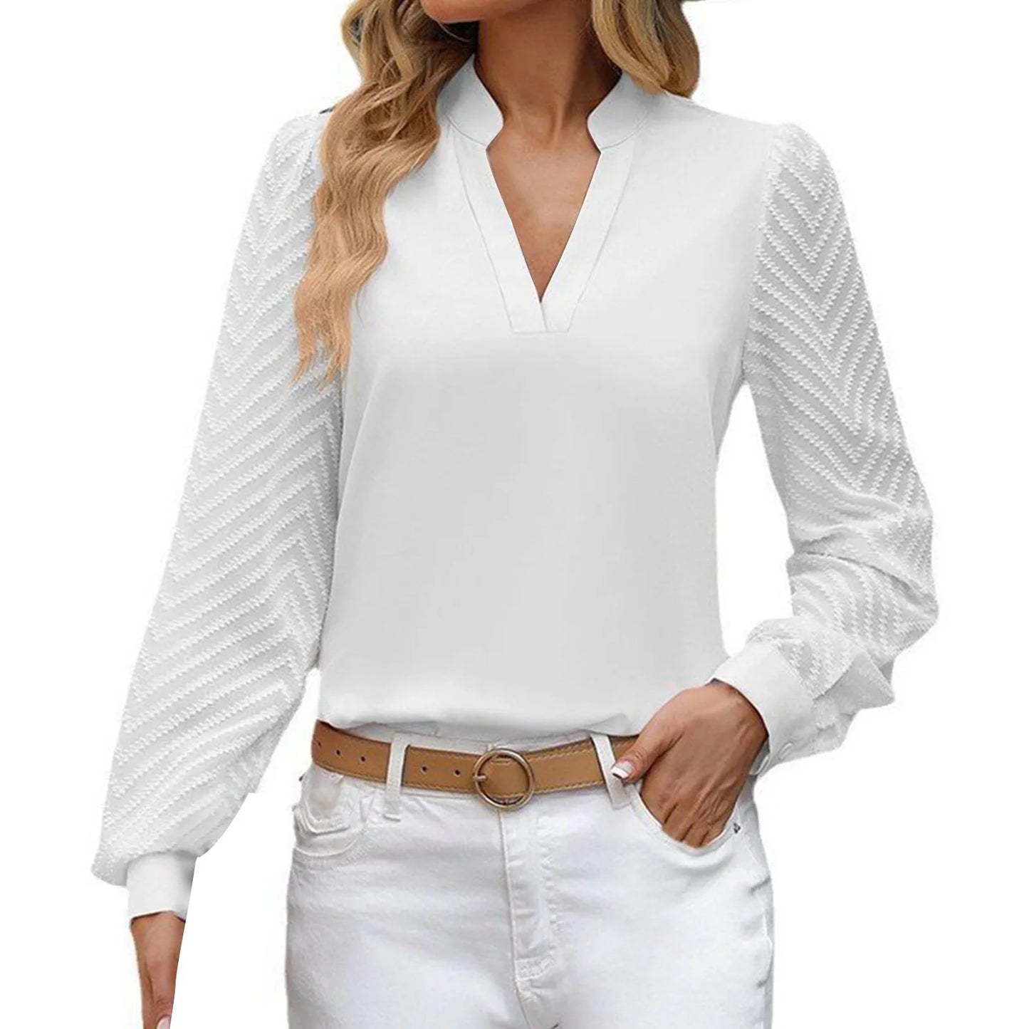 V Neck Spliced Chiffon Long Sleeve Blouses Formal Blusa Mujer