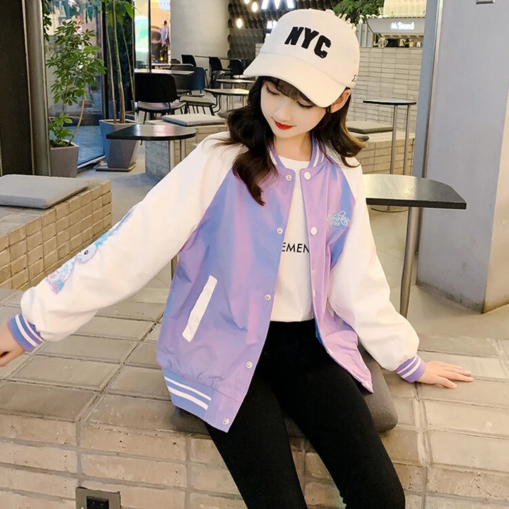 Spring Fall New Girls Baseball Jacket Fashion Splicing Teen Kids Outerwear Loose Casual School Children Clothing 10 12 14 Years