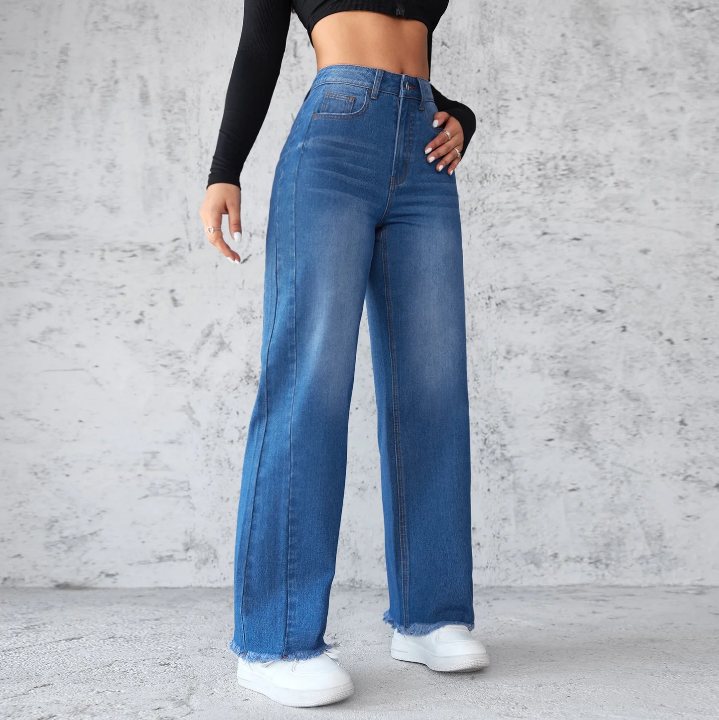 Washed Distressed Denim Straight Pants Vintage Women Jean Pockets High Waist Loose Fit Ankle Length Wide Leg Pants Basics