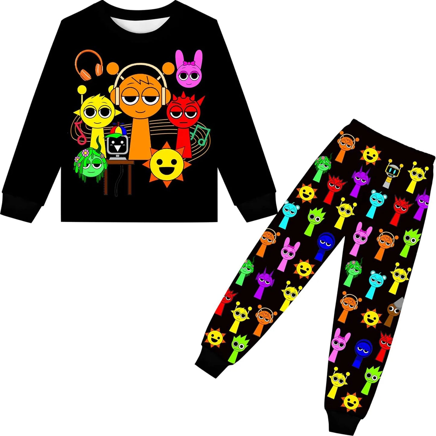 Incredibox Pajamas Sets Boys Daily Nightgowns Girls Hot Movie Sprunki Kids Cosplay Costume Long Sleeve T Shirt+Pants 2pcs Set