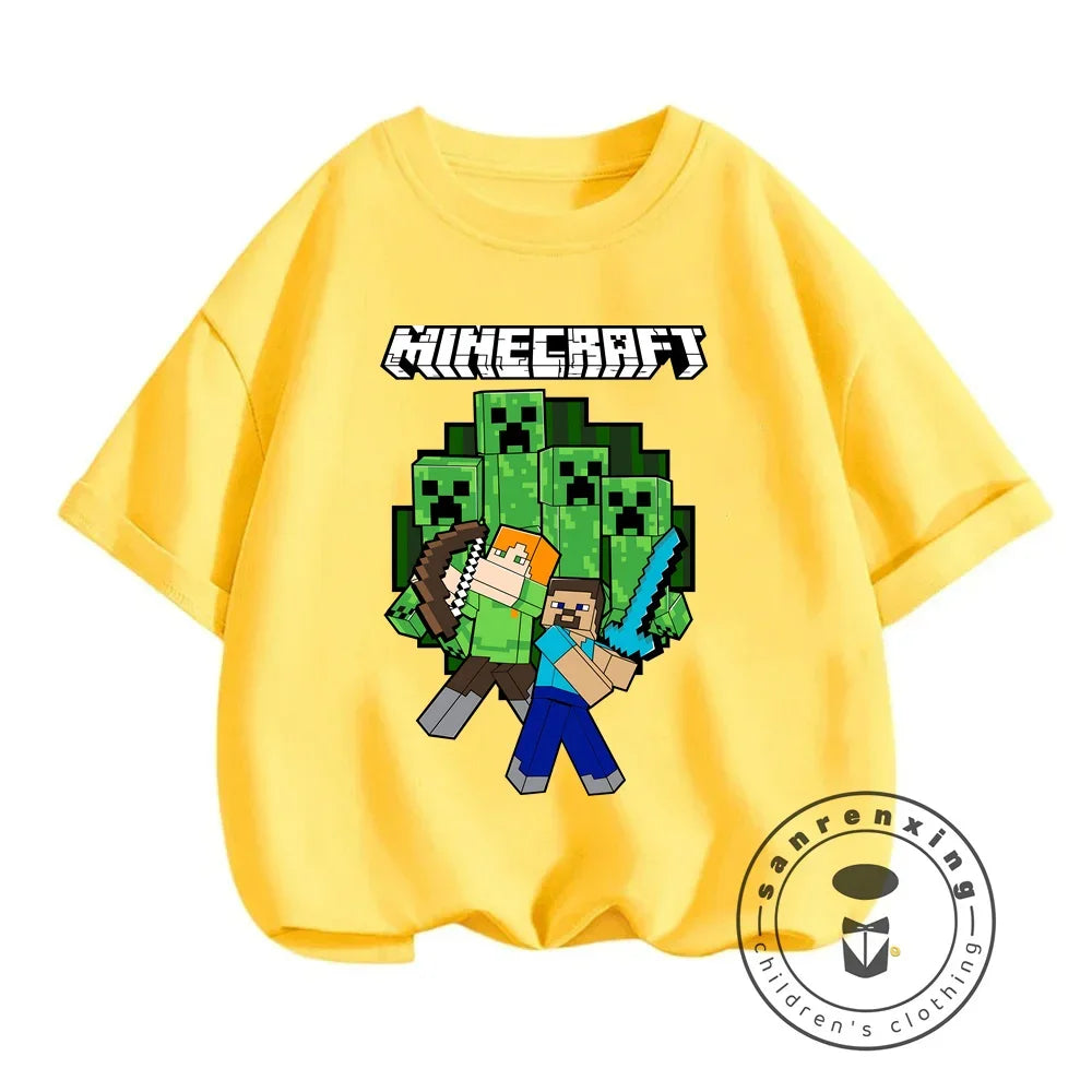 2024 Summer Minecraft Print Children Cotton T Shirts Cartoon Game Boys Girls Clothes Kids T-shirt Clothes For 3-13Y