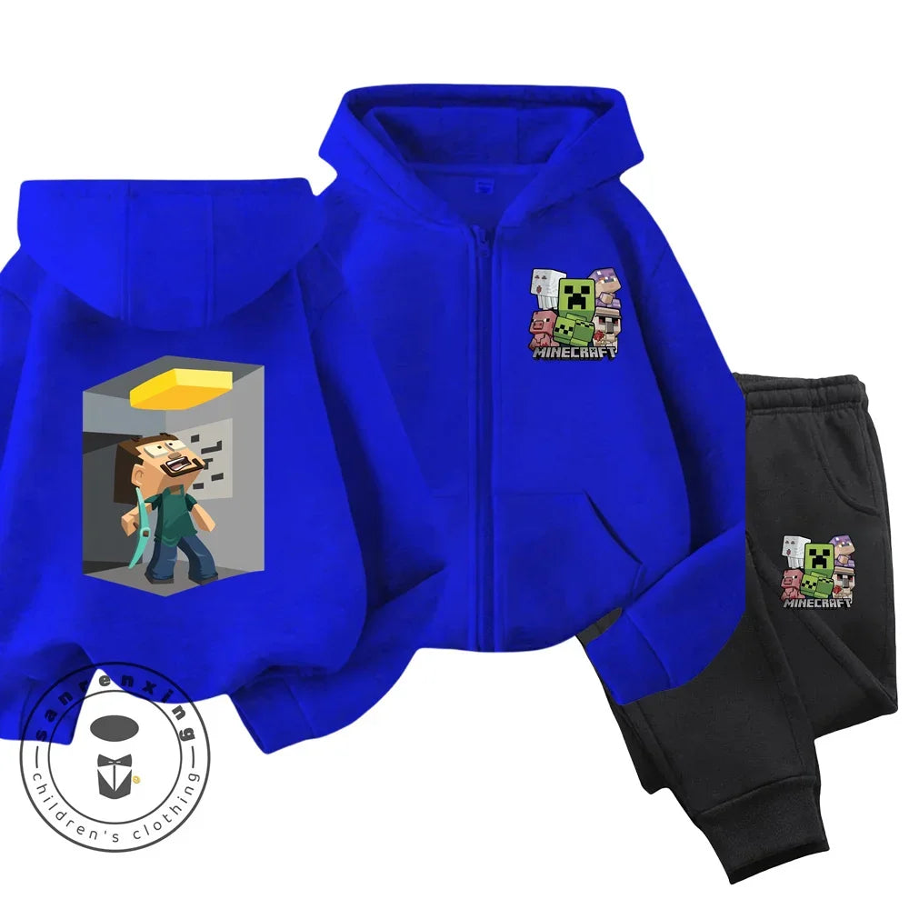 Minecraft Anime Printed Boys and Girls Hoodies Hoodies Zipper Set Casual Sports Fashion Top Pants 3-14 Years Old