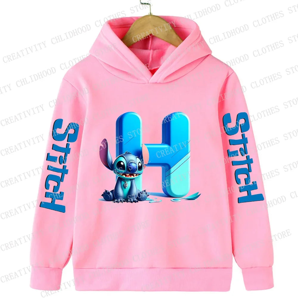 Stitch Children Hoodies 26 English Letters ABCD Kids Winter Pullover Casual Clothes Kid Girl Boy Cartoon Kawaii Tops Sweatshirts