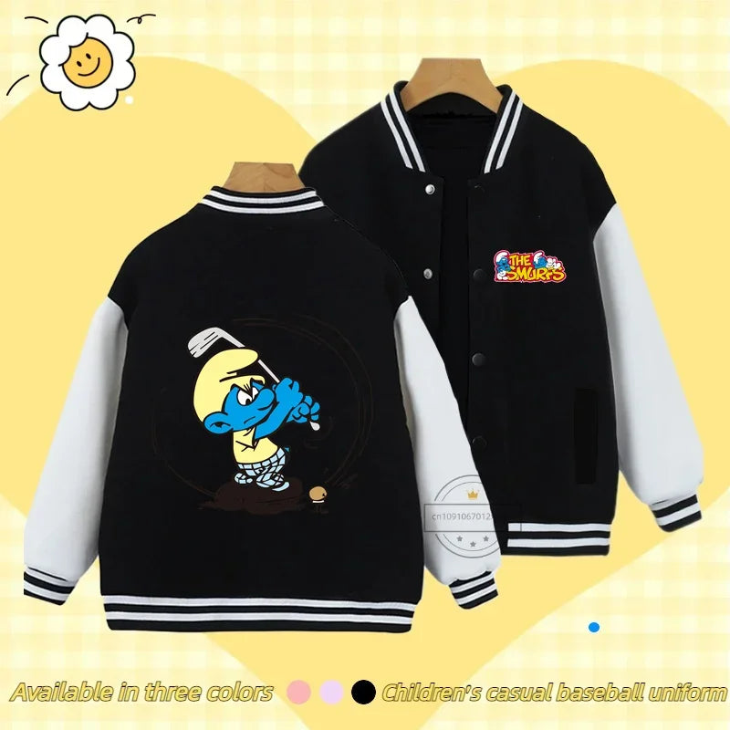 Smurfs Anime Men and Women's Casual Fashion Sports Baseball Jacket Cardigan Sweatshirt Jacket 3-14 Years Old Autumn