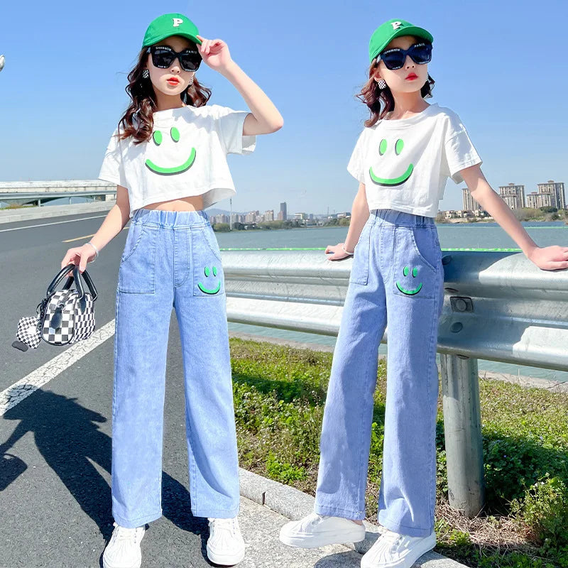 2PCS 2023 Summer teens Girls Clothes Sets Outfits Kids crop top T-shirt + demin Pants jeans Child tracksuit 6 8 10 12 14 Year