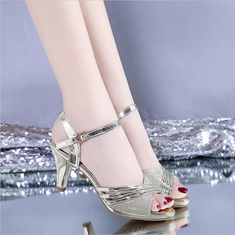 Peep Toe High Heeled Fashion Ladies Summer Shoes Brand Spike Heels Gold Silver