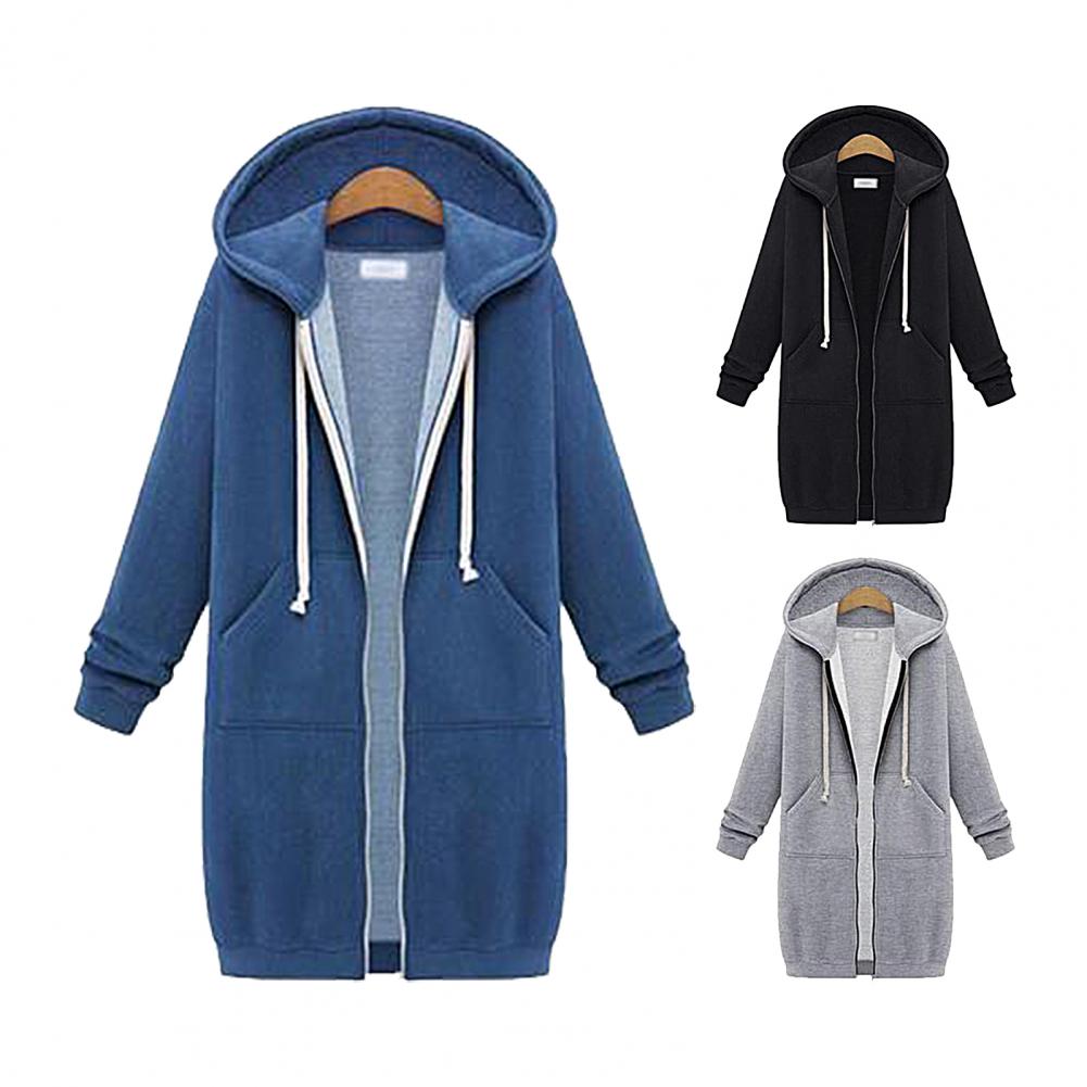 Solid Color Side Pockets Jacket Hoodie Long Sleeve Zipper Closure Drawstring Hooded Sweatshirt Ladies Clothing