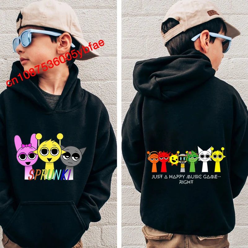 Cartoon Sprunki print kids hoodie black sports sweater casual children's clothing for boys