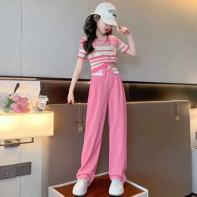 2024 summer Kids tracksuit Children set Girls Clothes striped T-Shirt + straight wide leg Cargo Pants Teenager 6 7 10 11 12 year