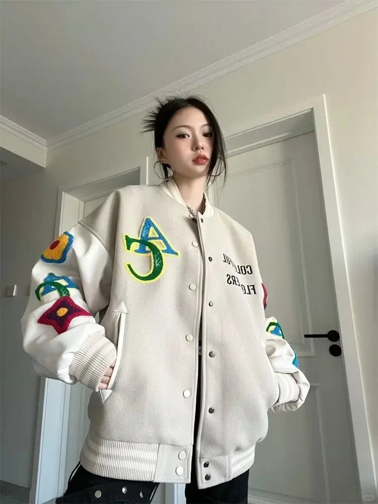 Retro American Embroidered Baseball Uniform Tide Ins Autumn And Winter Korean Version Of Loose Women's Jackets Sweet Coat Women