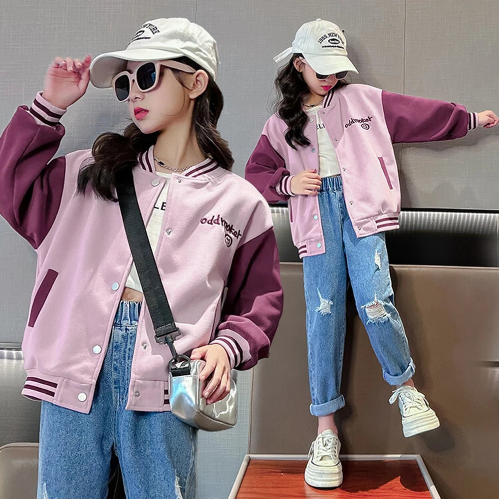 Spring Fall New Girls Baseball Jacket Fashion Splicing Teen Kids Outerwear Loose Casual School Children Clothing 10 12 14 Years