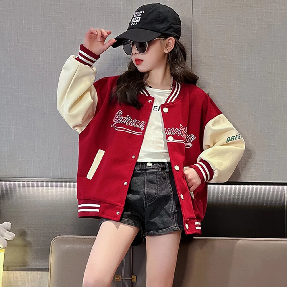 Spring Fall New Girls Baseball Jacket Fashion Splicing Teen Kids Outerwear Loose Casual School Children Clothing 10 12 14 Years