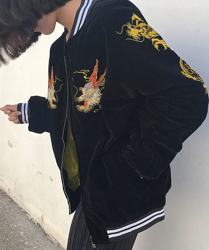 Unisex Spring Autumn Velveteen Baseball Jacket Men Women Luxury Sukajan Dragon Embroidery Bomber Coat Japanese 2024