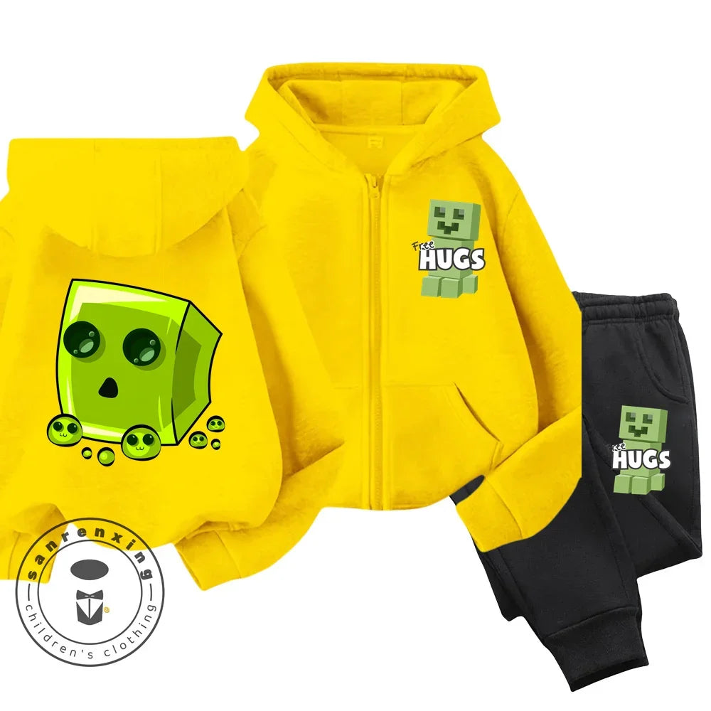 New Disney Minecraft Printed Pattern Children's Zipper Hoodie Set Cute Girls' and Boys' Casual Sports Hoodie Set Campus Style