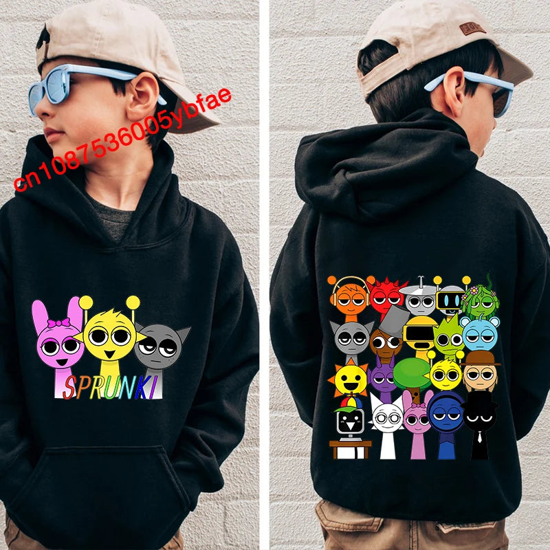 Cartoon Sprunki print kids hoodie black sports sweater casual children's clothing for boys