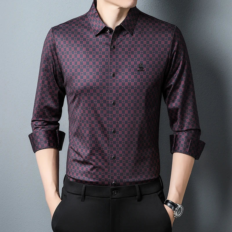 2023 Fashionable Man Shirt With Stamping Purplish Red Blouse Elastic