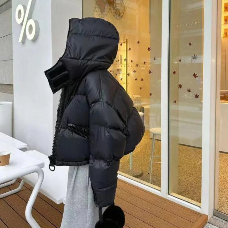 Women's Down Jacket Hooded Short Parka Fashion Big Zip Design Street Trend 2024 New White Duck Down Thickened Bread Down Jacket