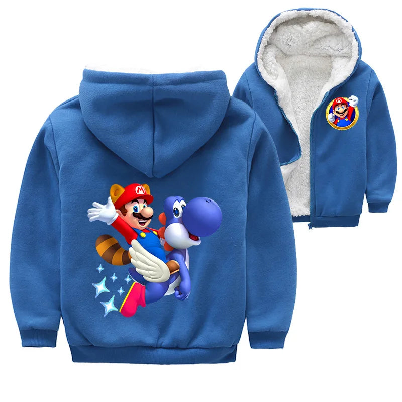 Mario Game Anime Peripheral Children's Clothing Warm Jacket Thickened Velvet Hooded Zipper Cardigan Coral Velvet Winter Coat