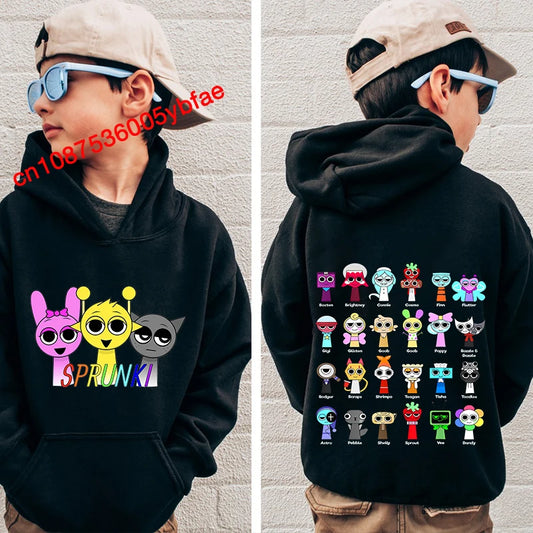 Cartoon Sprunki print kids hoodie black sports sweater casual children's clothing for boys