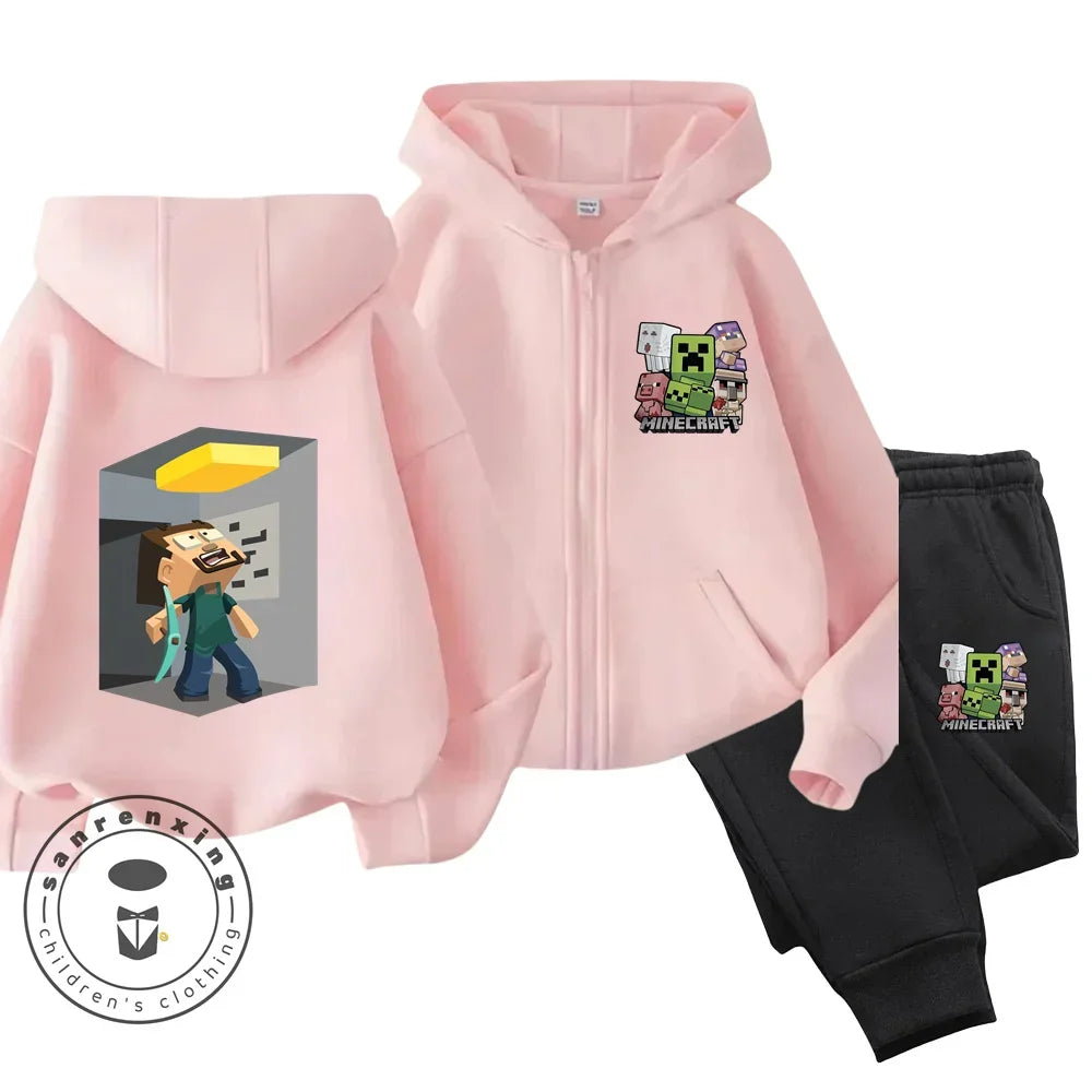 Minecraft Anime Printed Boys and Girls Hoodies Hoodies Zipper Set Casual Sports Fashion Top Pants 3-14 Years Old