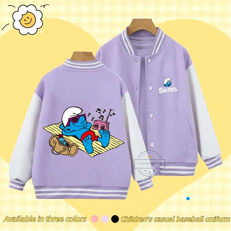 Smurfs Anime Men and Women's Casual Fashion Sports Baseball Jacket Cardigan Sweatshirt Jacket 3-14 Years Old Autumn