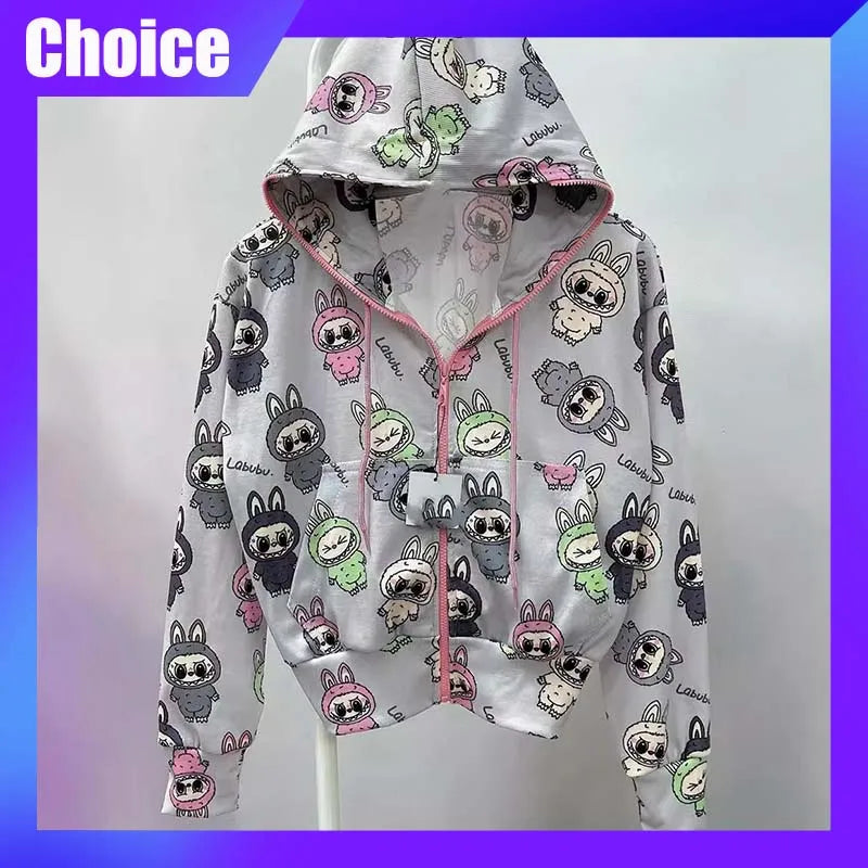 LABUBU Cartoon Hoodie Anime Print Hooded Sweatshirt Kawaii Cute Cardigan Loose Long Sleeved Jacket Thin Top Ins Clothing Gift